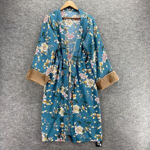 New Justin & Taylor Robe Women M Medium Blue Floral 3/4 Sleeve V-Neck Tie Up